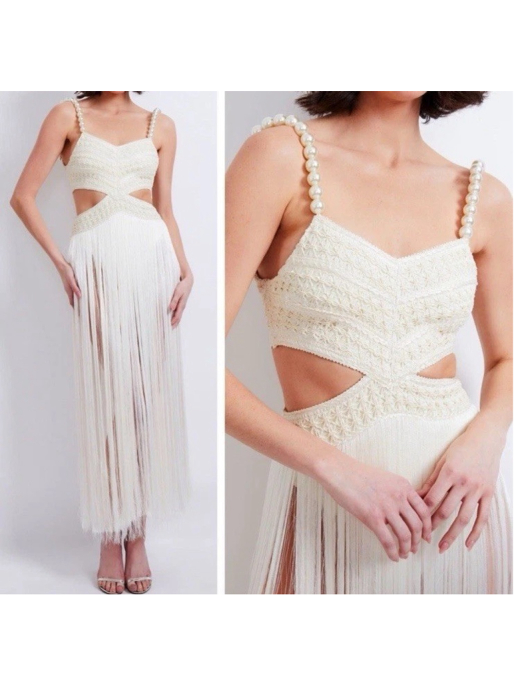 PatBo Fringe Pearl Beaded Crochet Maxi Beach Dress Coastal Resort Cocktail Party